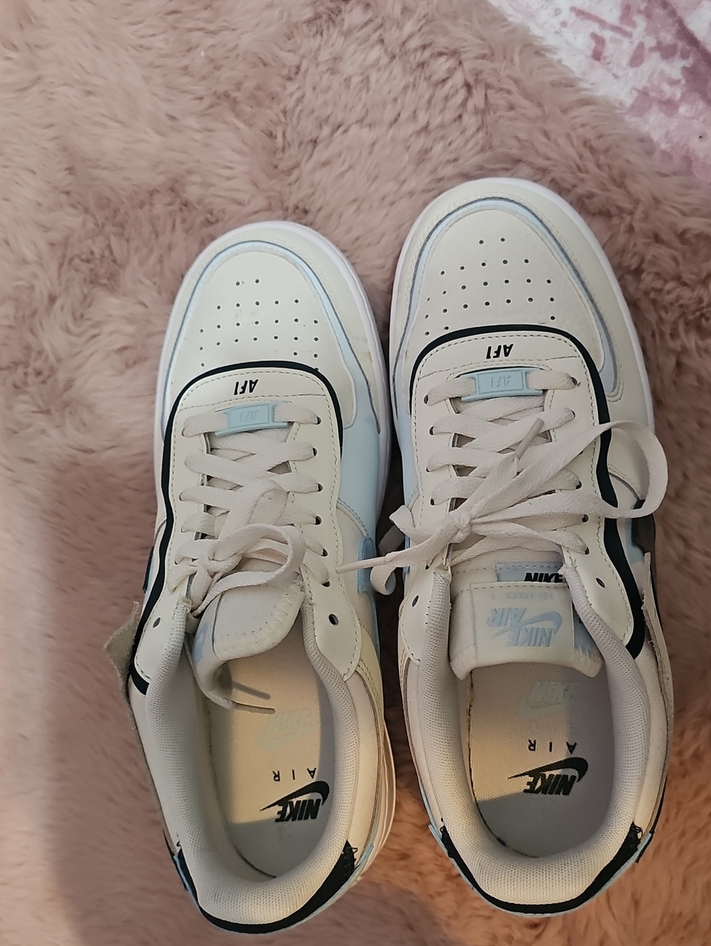 Nike Air force One Cream, Black & Light Blue Low-Top Sneakers